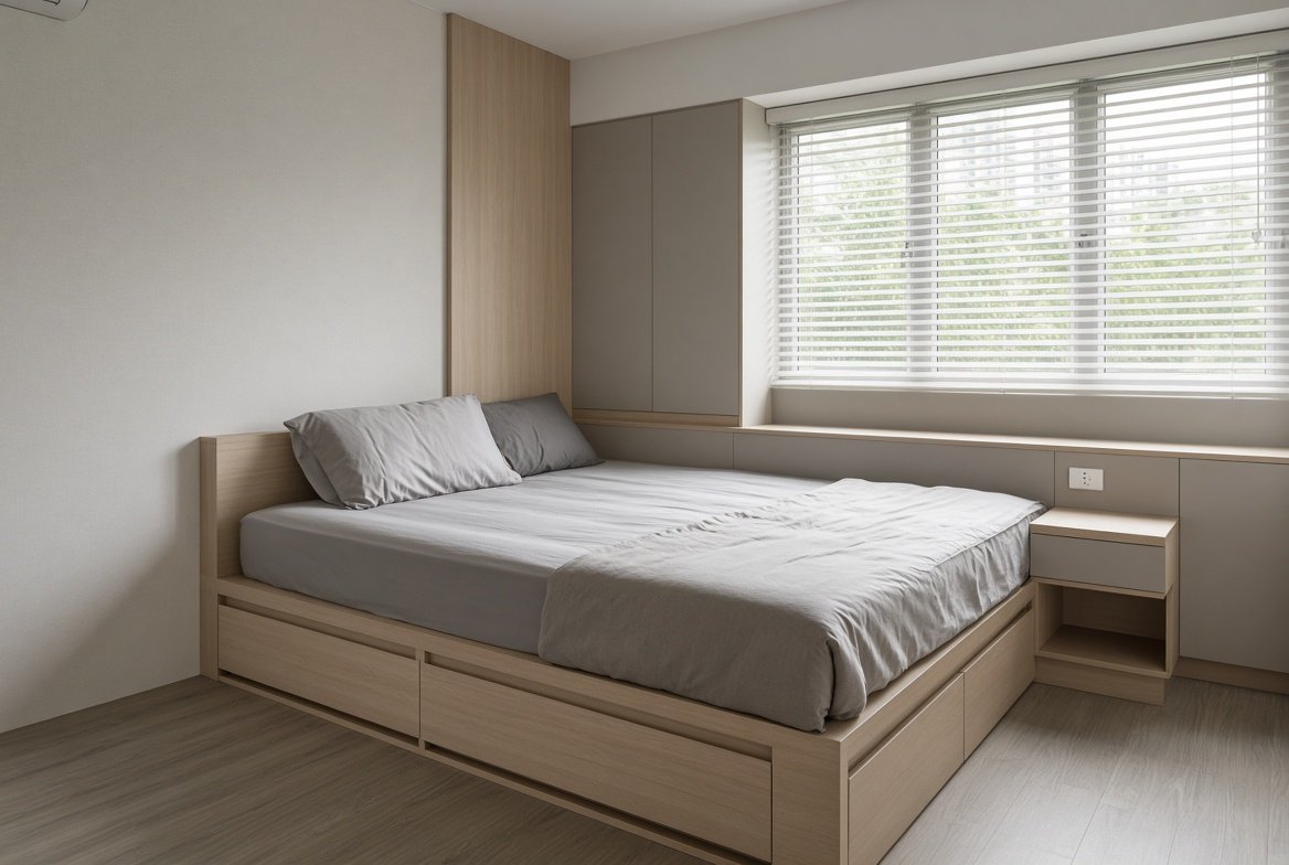 Bedroom with custom storage bed