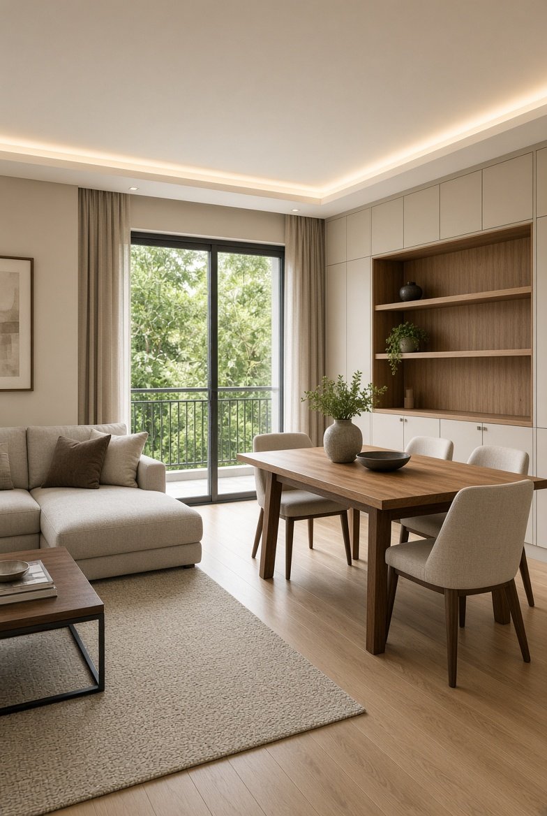 Condo living and dining with custom furniture