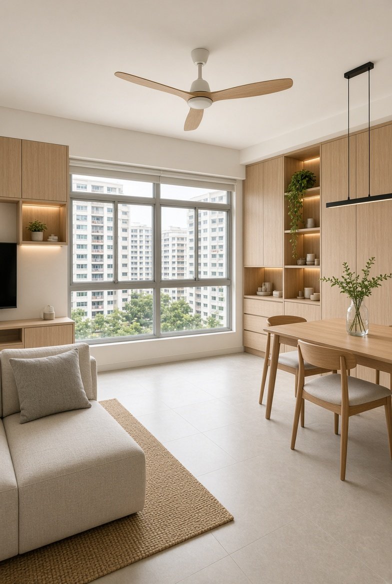 4-room HDB living area with custom carpentry