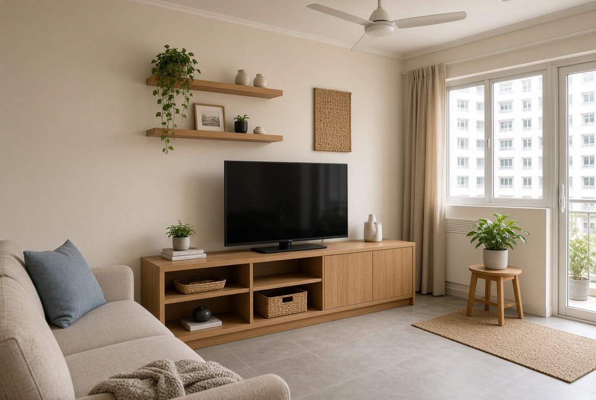 Living room with custom TV console