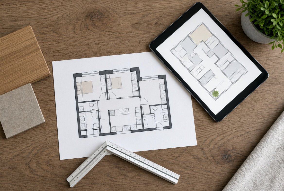 Floor plan and material samples on a desk