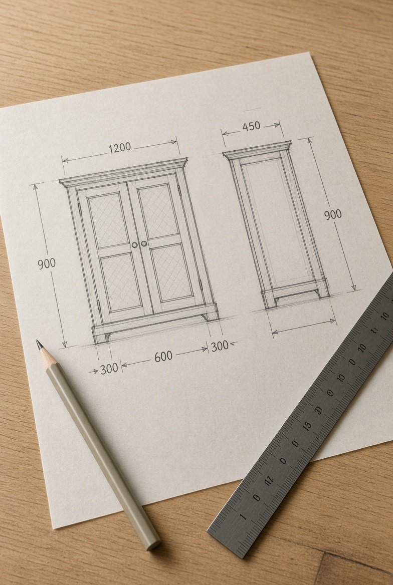 Hand sketch and technical drawing of a cabinet