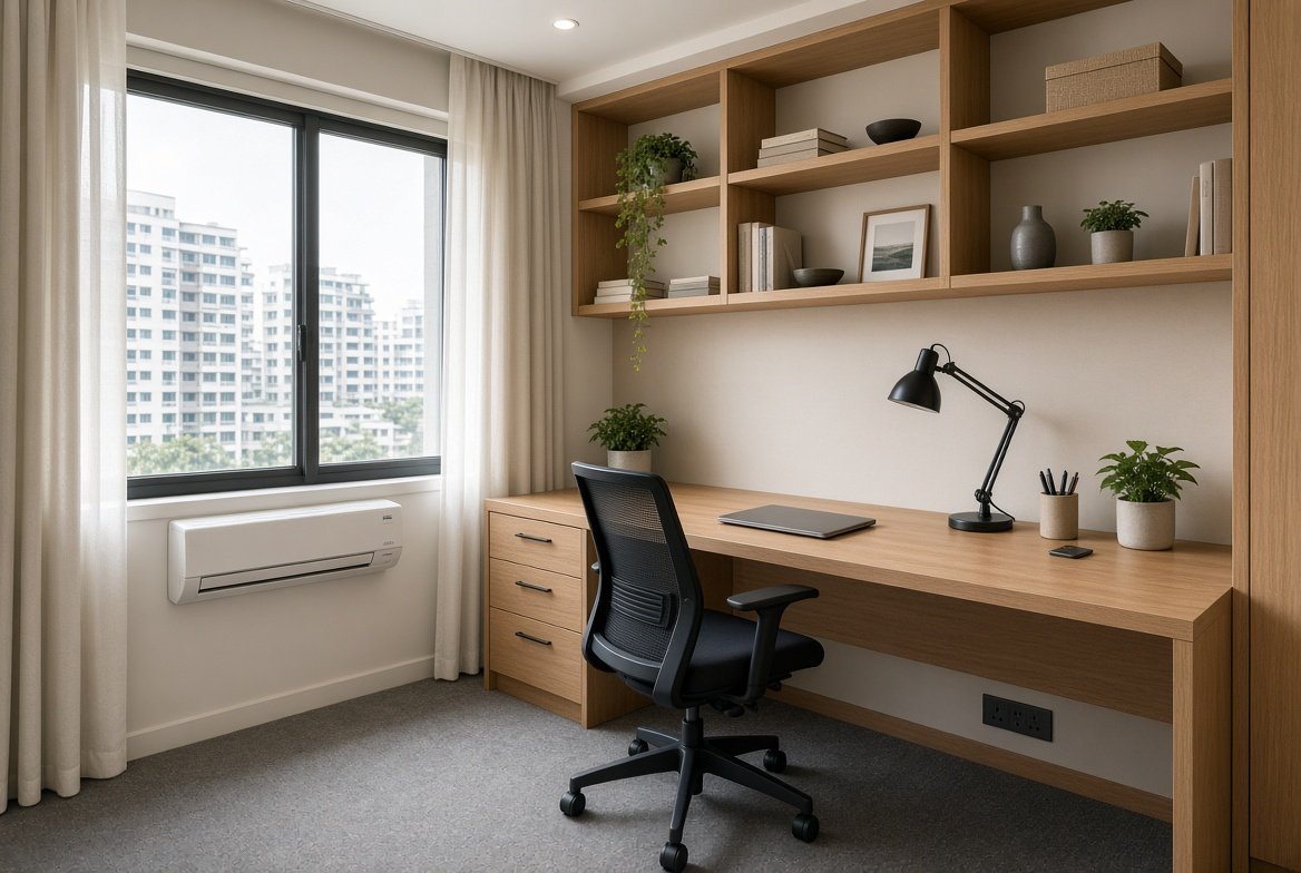 Home study with built-in desk and shelving